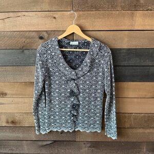 Vintage 90s Nicola Black White Crochet Knit Cardigan Floral Mesh Top